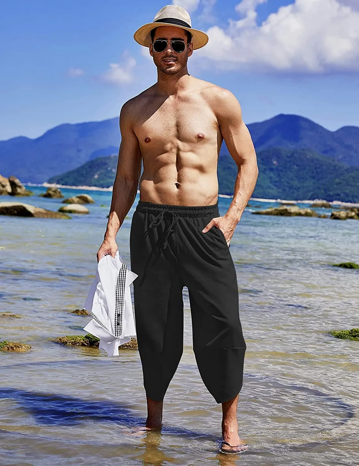 COOFANDY Men's Linen Harem Capri Pants Lightweight Loose 3/4 Shorts Drawstring Elastic Waist Casual Beach Boho Yoga Trousers