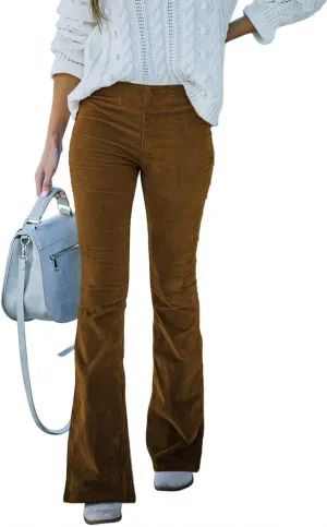 Corduroy Pants for Women Vintage Flare Pants High Waist Bell Bottom Trousers Slim Fit Pants with Pockets