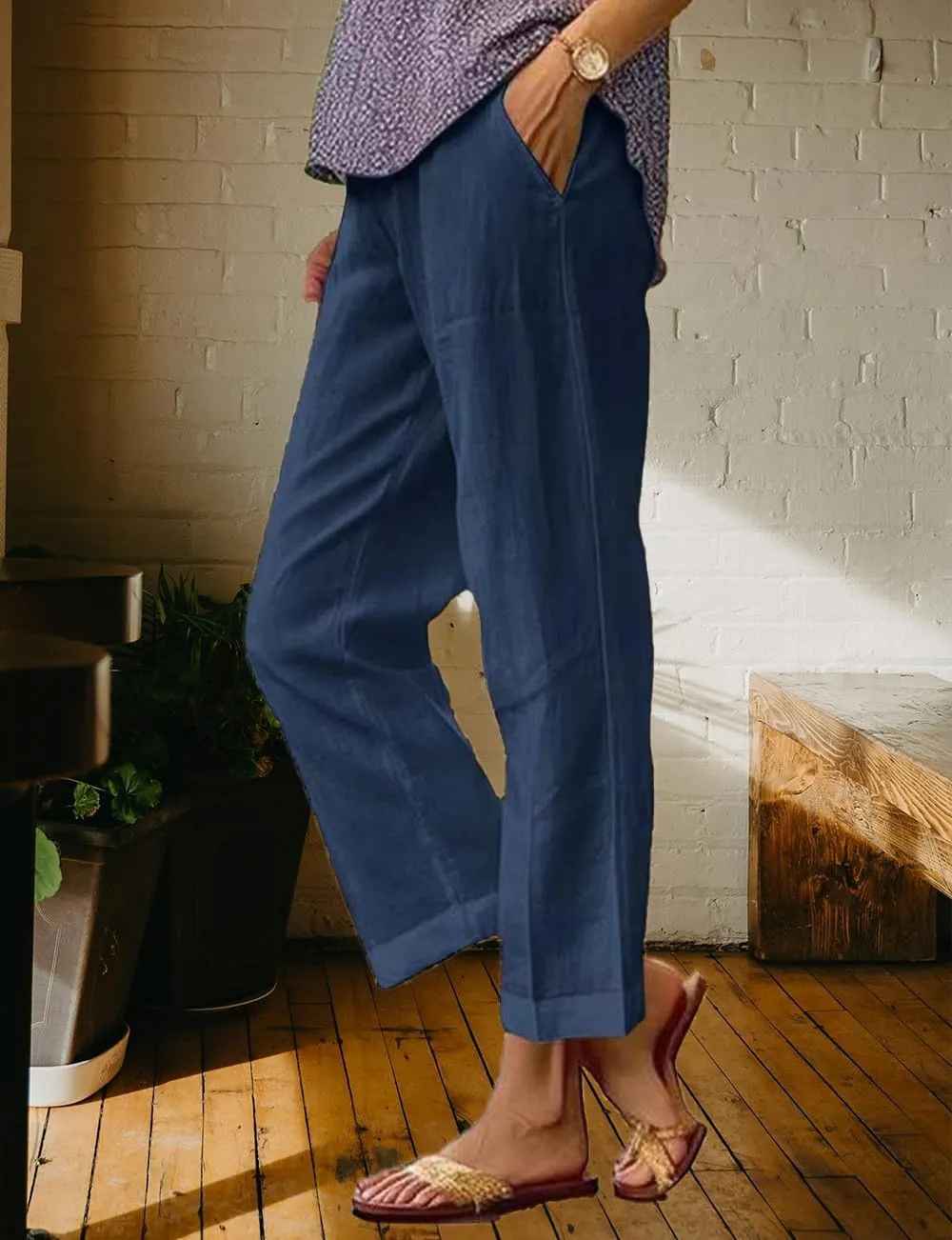 Costaric Cotton Linen Floral Cropped Pants for Women Summer Elastic Waist Straight Wide Leg Boho Beach Trouser with Pockets
