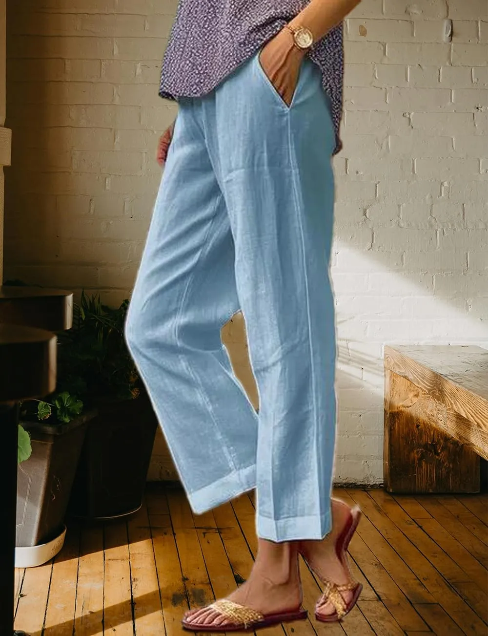 Costaric Cotton Linen Floral Cropped Pants for Women Summer Elastic Waist Straight Wide Leg Boho Beach Trouser with Pockets