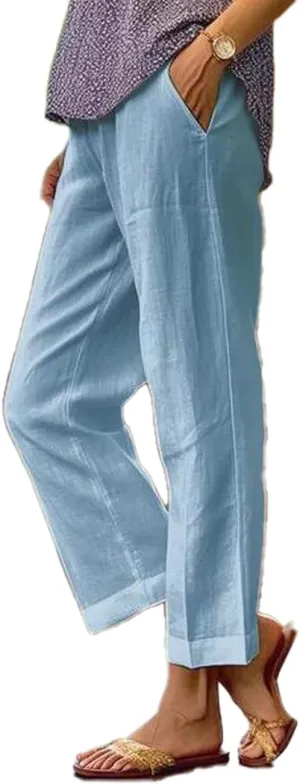 Costaric Cotton Linen Floral Cropped Pants for Women Summer Elastic Waist Straight Wide Leg Boho Beach Trouser with Pockets