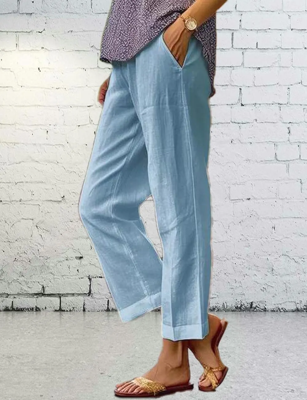Costaric Cotton Linen Floral Cropped Pants for Women Summer Elastic Waist Straight Wide Leg Boho Beach Trouser with Pockets