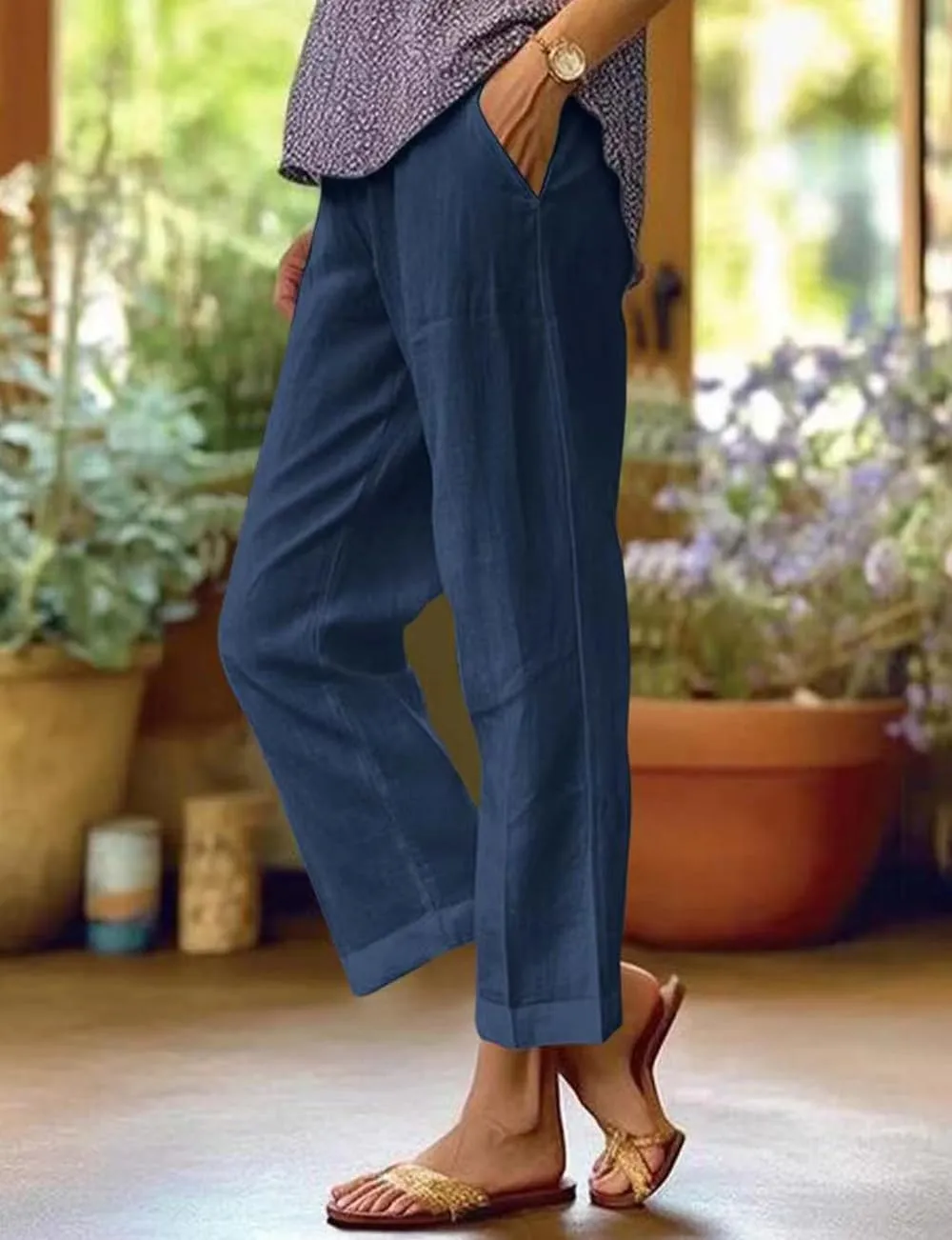 Costaric Cotton Linen Floral Cropped Pants for Women Summer Elastic Waist Straight Wide Leg Boho Beach Trouser with Pockets