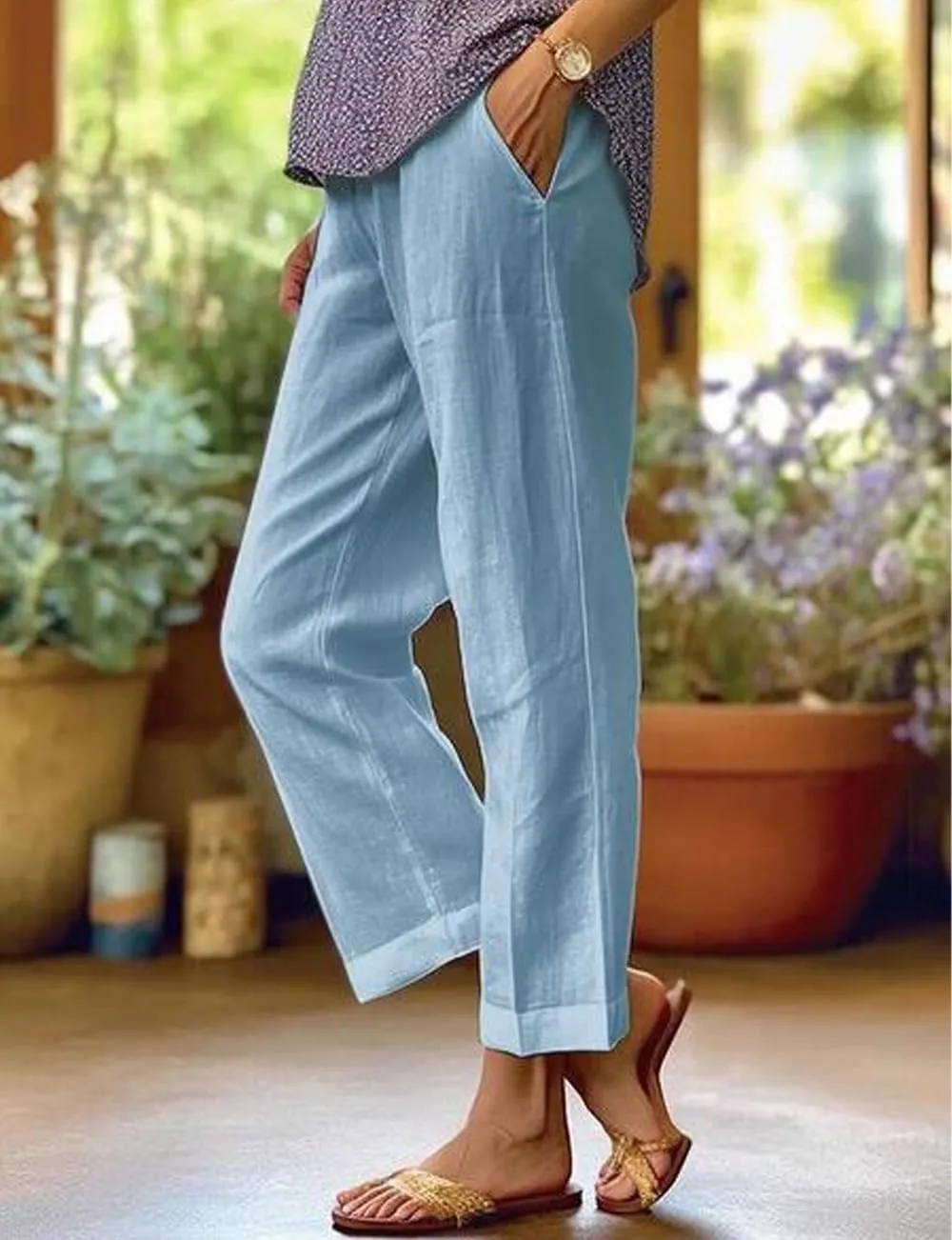 Costaric Cotton Linen Floral Cropped Pants for Women Summer Elastic Waist Straight Wide Leg Boho Beach Trouser with Pockets