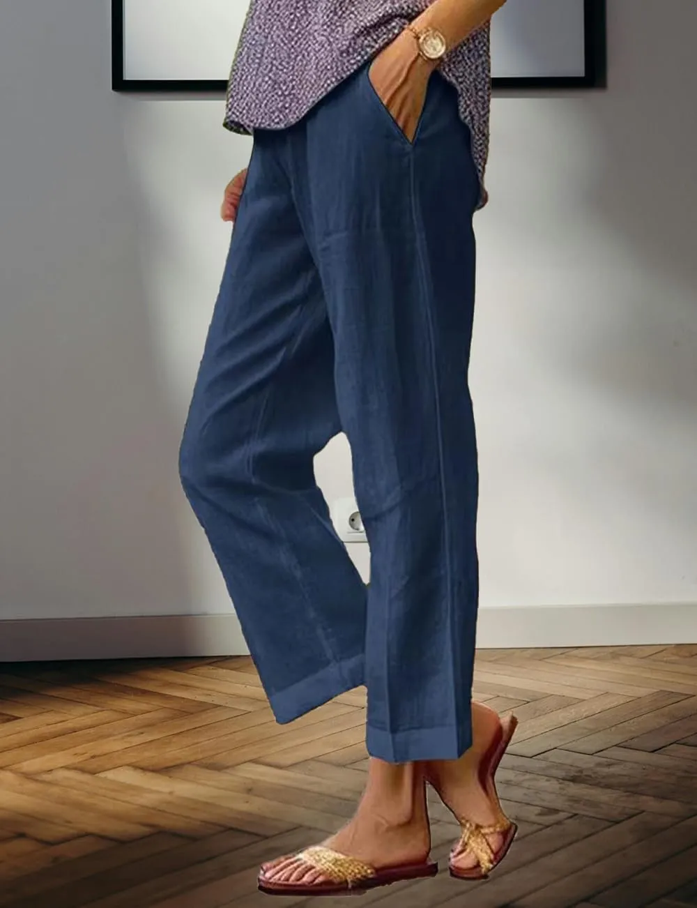 Costaric Cotton Linen Floral Cropped Pants for Women Summer Elastic Waist Straight Wide Leg Boho Beach Trouser with Pockets