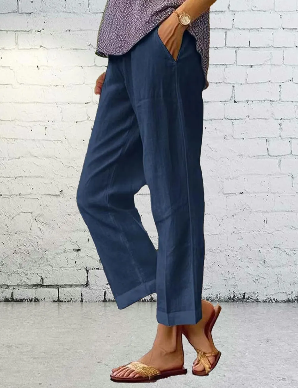 Costaric Cotton Linen Floral Cropped Pants for Women Summer Elastic Waist Straight Wide Leg Boho Beach Trouser with Pockets