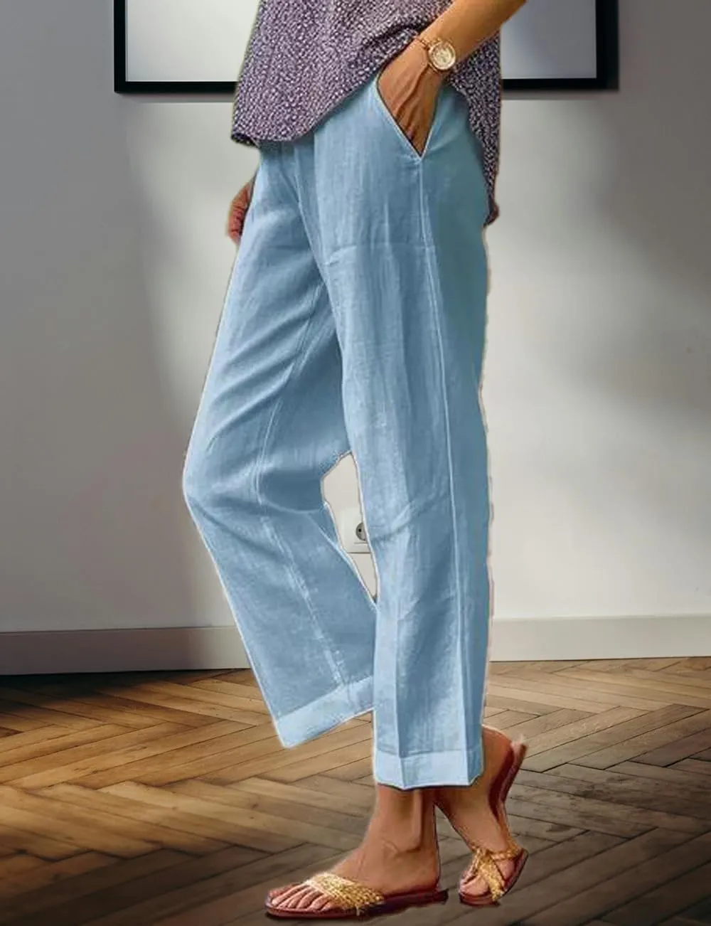 Costaric Cotton Linen Floral Cropped Pants for Women Summer Elastic Waist Straight Wide Leg Boho Beach Trouser with Pockets