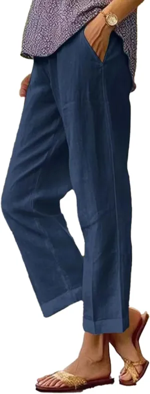 Costaric Cotton Linen Floral Cropped Pants for Women Summer Elastic Waist Straight Wide Leg Boho Beach Trouser with Pockets