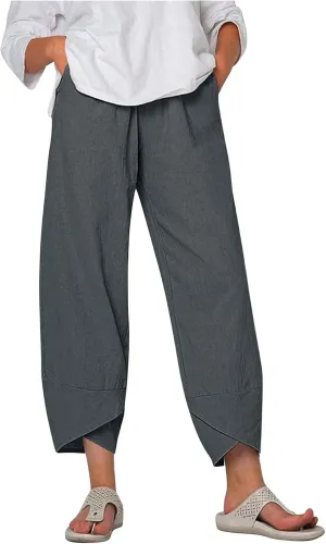 Cotton Linen Pants for Women Summer Casual Capri Pants Waist Elastic Comfy Loose Women's Palazzo Trousers with Pockets