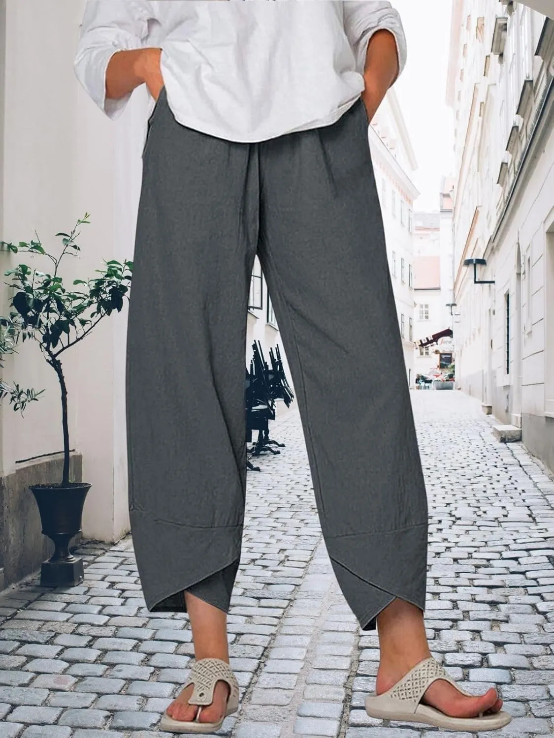 Cotton Linen Pants for Women Summer Casual Capri Pants Waist Elastic Comfy Loose Women's Palazzo Trousers with Pockets