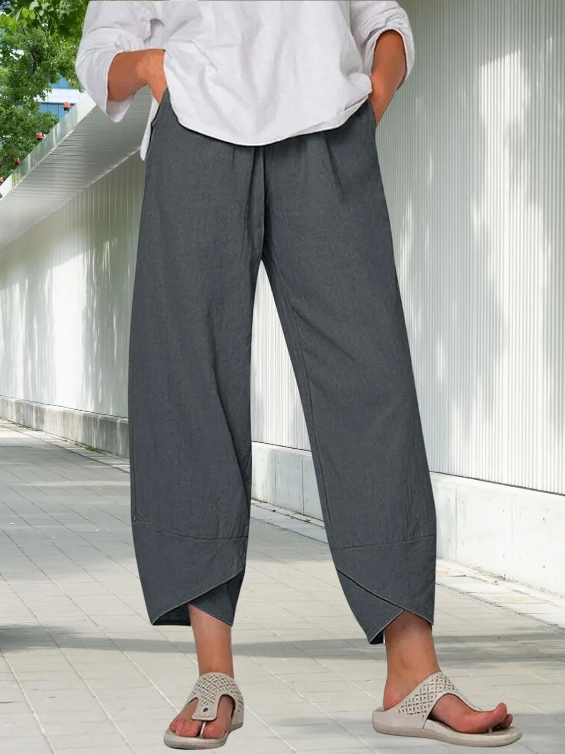 Cotton Linen Pants for Women Summer Casual Capri Pants Waist Elastic Comfy Loose Women's Palazzo Trousers with Pockets