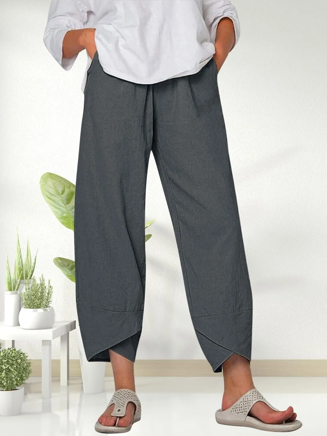 Cotton Linen Pants for Women Summer Casual Capri Pants Waist Elastic Comfy Loose Women's Palazzo Trousers with Pockets
