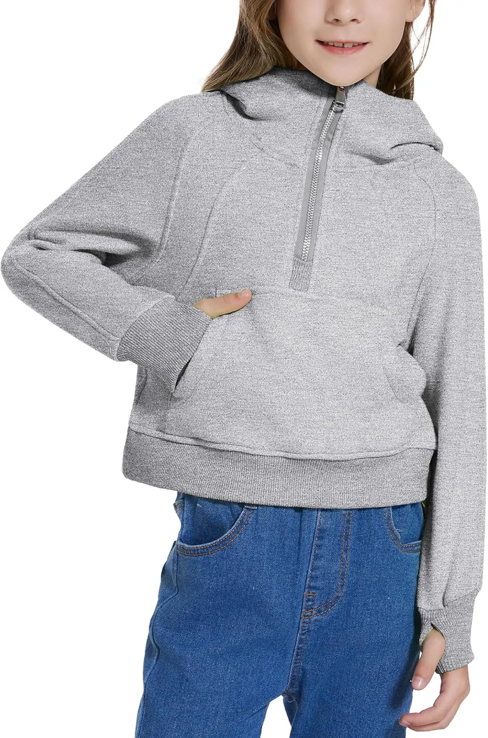 Cropped Hoodies for Girls Half Zip Up Sweatshirts Casual Long Sleeve Fleece Pullover Tops with Pockets Thumb Hole