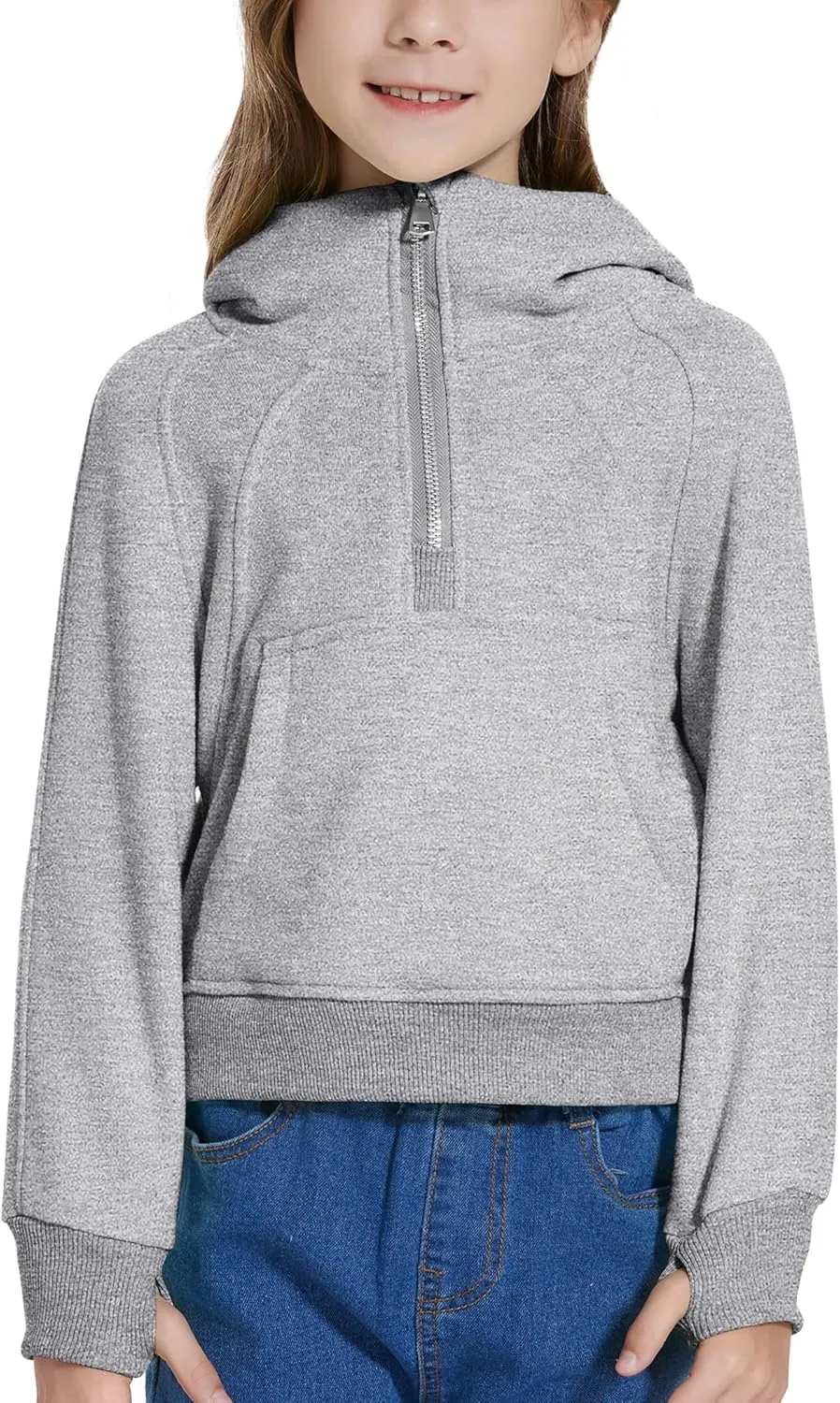 Cropped Hoodies for Girls Half Zip Up Sweatshirts Casual Long Sleeve Fleece Pullover Tops with Pockets Thumb Hole