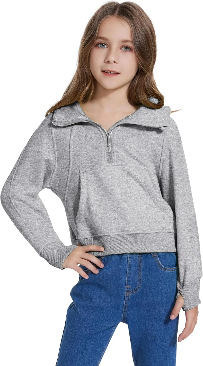 Cropped Hoodies for Girls Half Zip Up Sweatshirts Casual Long Sleeve Fleece Pullover Tops with Pockets Thumb Hole
