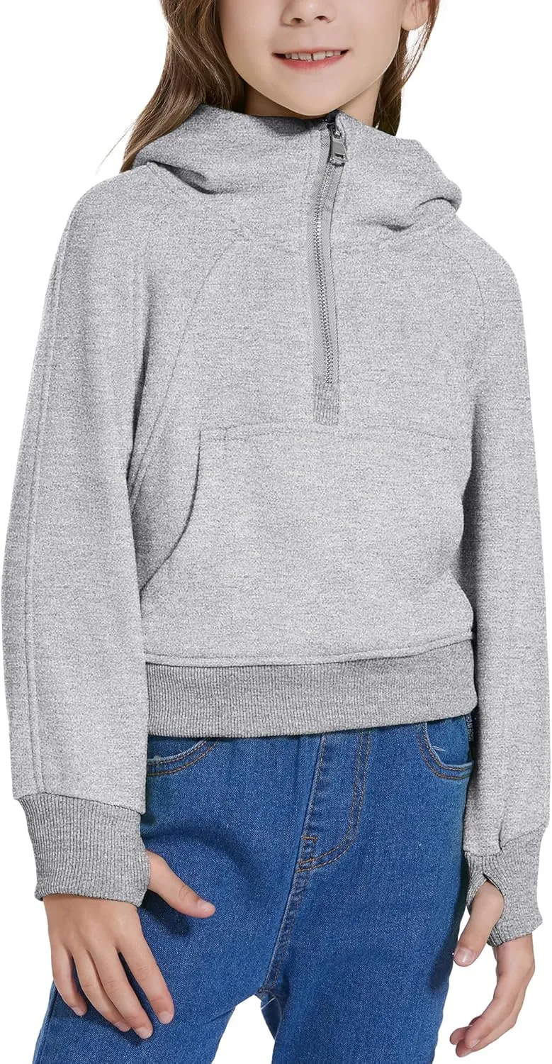 Cropped Hoodies for Girls Half Zip Up Sweatshirts Casual Long Sleeve Fleece Pullover Tops with Pockets Thumb Hole