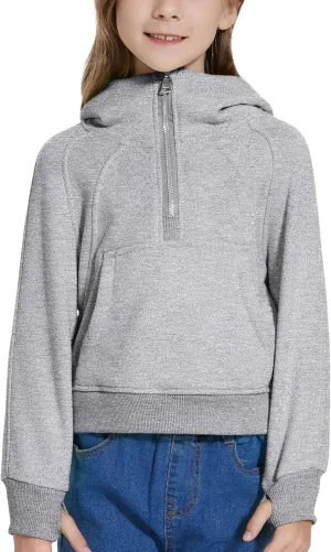 Cropped Hoodies for Girls Half Zip Up Sweatshirts Casual Long Sleeve Fleece Pullover Tops with Pockets Thumb Hole