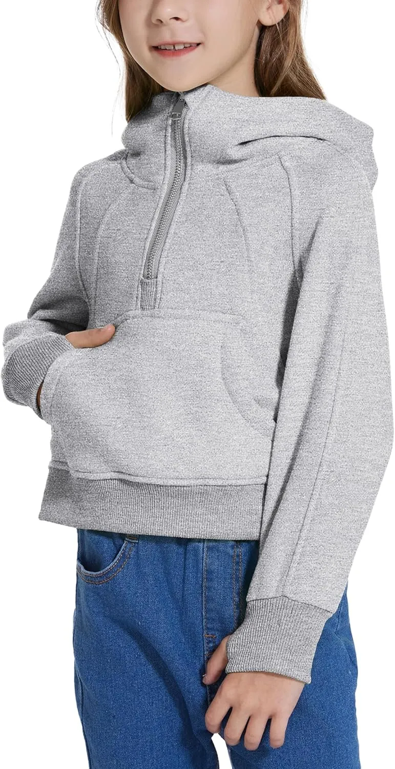 Cropped Hoodies for Girls Half Zip Up Sweatshirts Casual Long Sleeve Fleece Pullover Tops with Pockets Thumb Hole