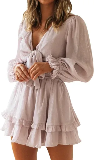 Crzidha Mini Dresses for Women Spring Summer Knot Front V Neck Ruffles Long Sleeve Floral Print Swing Short Dress