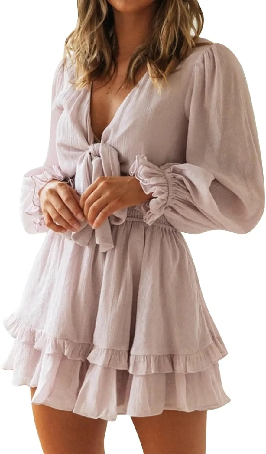 Crzidha Mini Dresses for Women Spring Summer Knot Front V Neck Ruffles Long Sleeve Floral Print Swing Short Dress