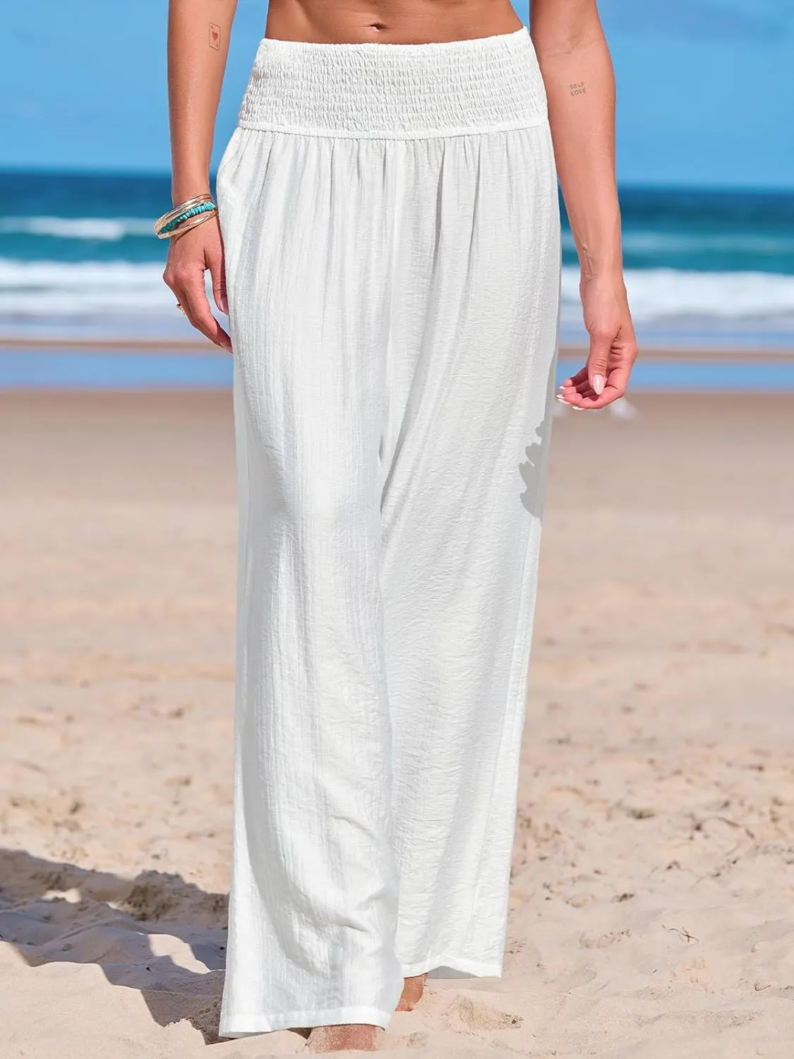 CUPSHE Women Swimsuit Cover Ups Pants High Waist Smokced Wide Leg Beach Vacation Outfits