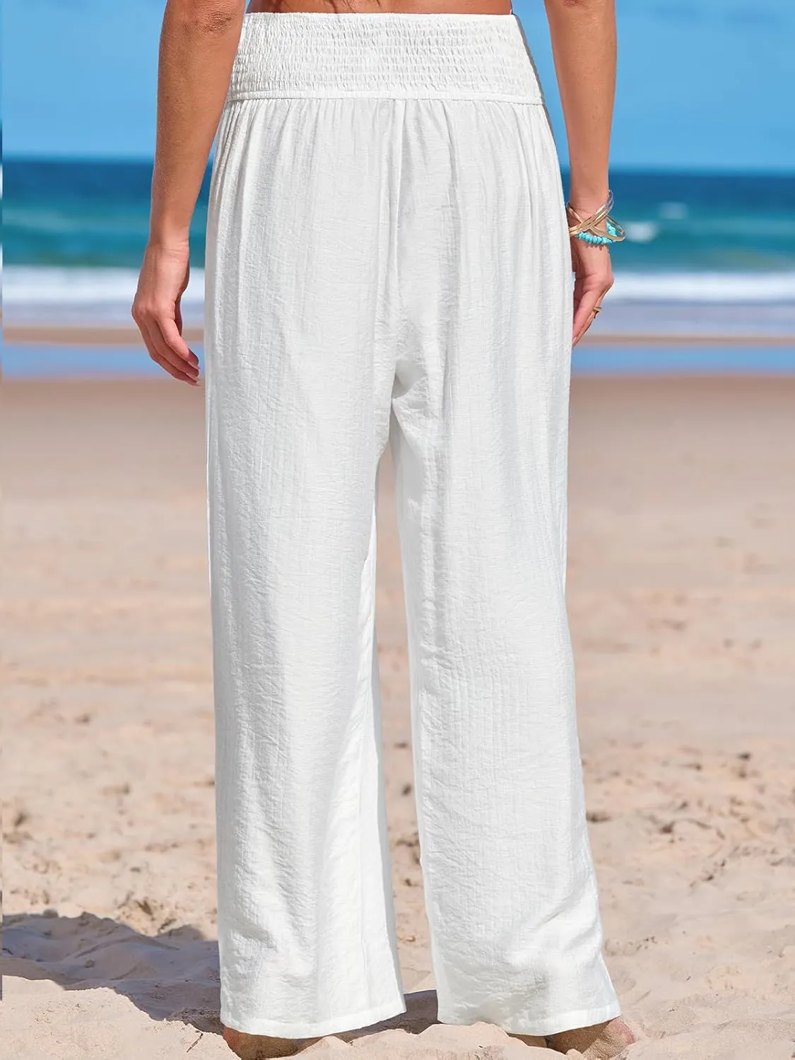 CUPSHE Women Swimsuit Cover Ups Pants High Waist Smokced Wide Leg Beach Vacation Outfits