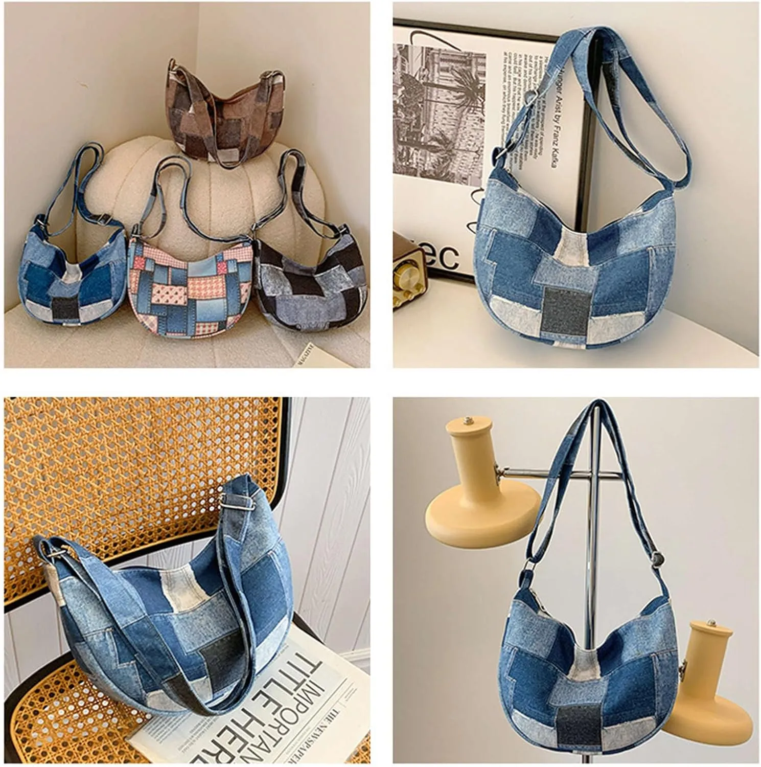 Denim Patchwork Shoulder Bag for Women, Jean Purses Hobo Bag Y2K Denim Tote Handbags Crossbody Tote