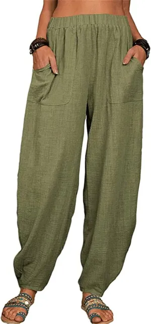 DGHM-JLMY Women's Loose Cotton Linen Harem Pants Fashion Solid Baggy Casual Pants High Waist Yoga Boho Trousers with Pockets