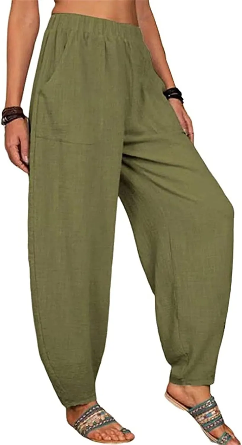 DGHM-JLMY Women's Loose Cotton Linen Harem Pants Fashion Solid Baggy Casual Pants High Waist Yoga Boho Trousers with Pockets