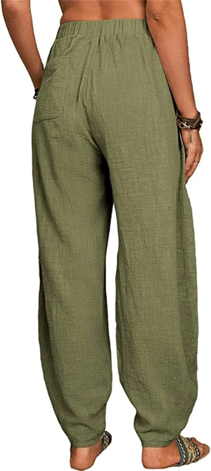 DGHM-JLMY Women's Loose Cotton Linen Harem Pants Fashion Solid Baggy Casual Pants High Waist Yoga Boho Trousers with Pockets