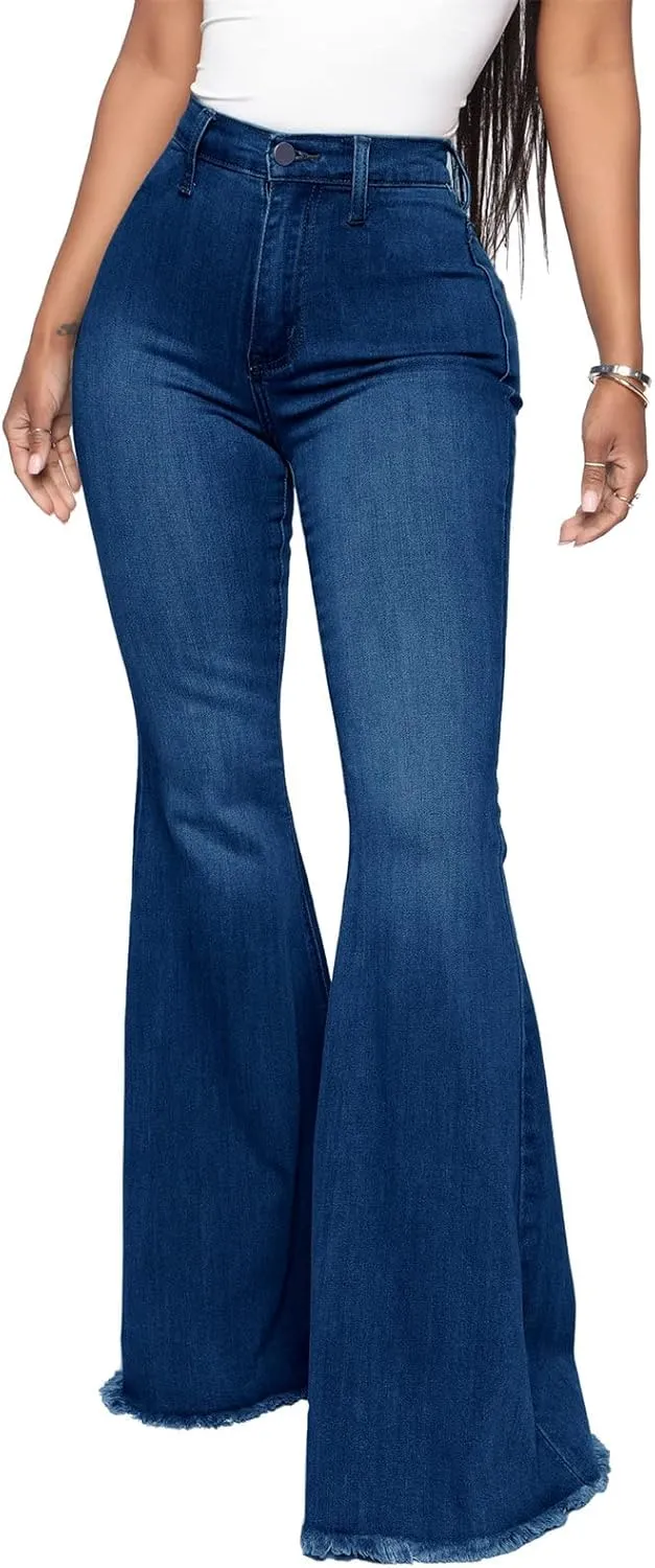 DGHM-JLMY Women's Slim Stretch Denim Flared Pants Fashion Skinny Bell Bottom Jeans High Waisted Straight Slim Fit Denim Pants