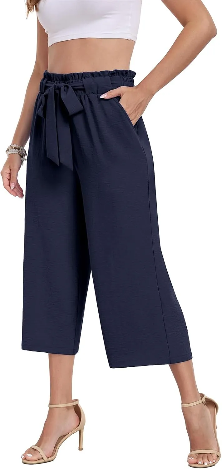 DILIUXING Womens Wide Leg Lounge Capri Pants with Pockets Lightweight High Waisted Adjustable Loose Tie Knot Trouser