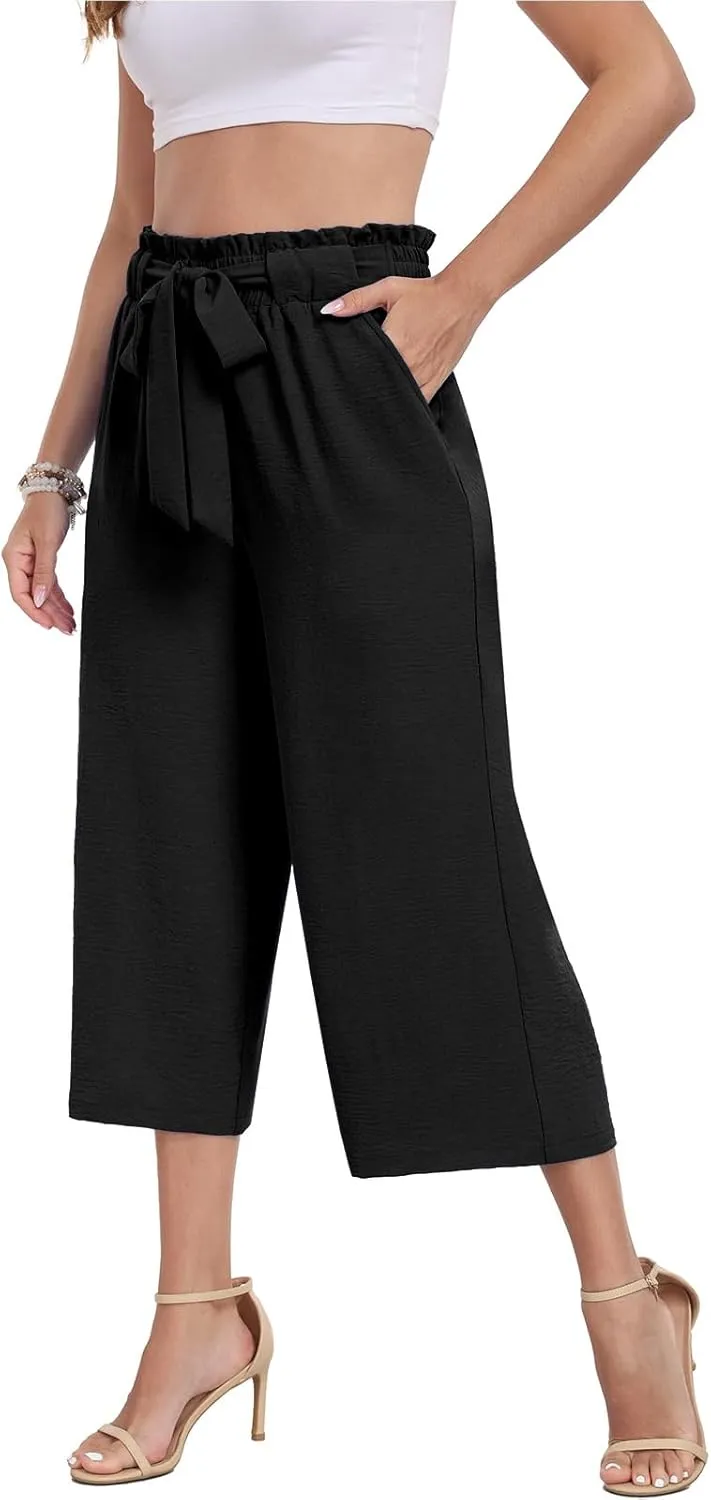 DILIUXING Womens Wide Leg Lounge Capri Pants with Pockets Lightweight High Waisted Adjustable Loose Tie Knot Trouser