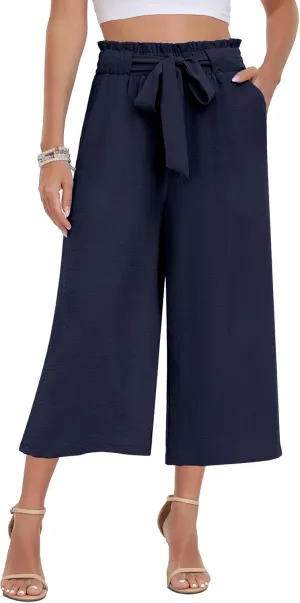 DILIUXING Womens Wide Leg Lounge Capri Pants with Pockets Lightweight High Waisted Adjustable Loose Tie Knot Trouser