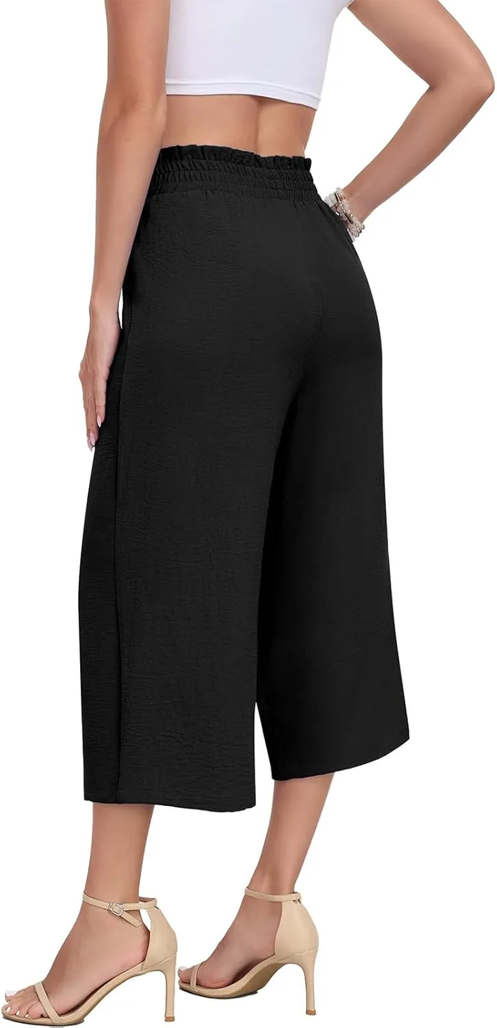 DILIUXING Womens Wide Leg Lounge Capri Pants with Pockets Lightweight High Waisted Adjustable Loose Tie Knot Trouser