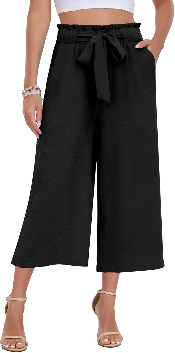 DILIUXING Womens Wide Leg Lounge Capri Pants with Pockets Lightweight High Waisted Adjustable Loose Tie Knot Trouser