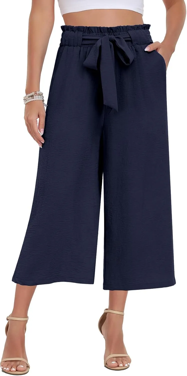 DILIUXING Womens Wide Leg Lounge Capri Pants with Pockets Lightweight High Waisted Adjustable Loose Tie Knot Trouser