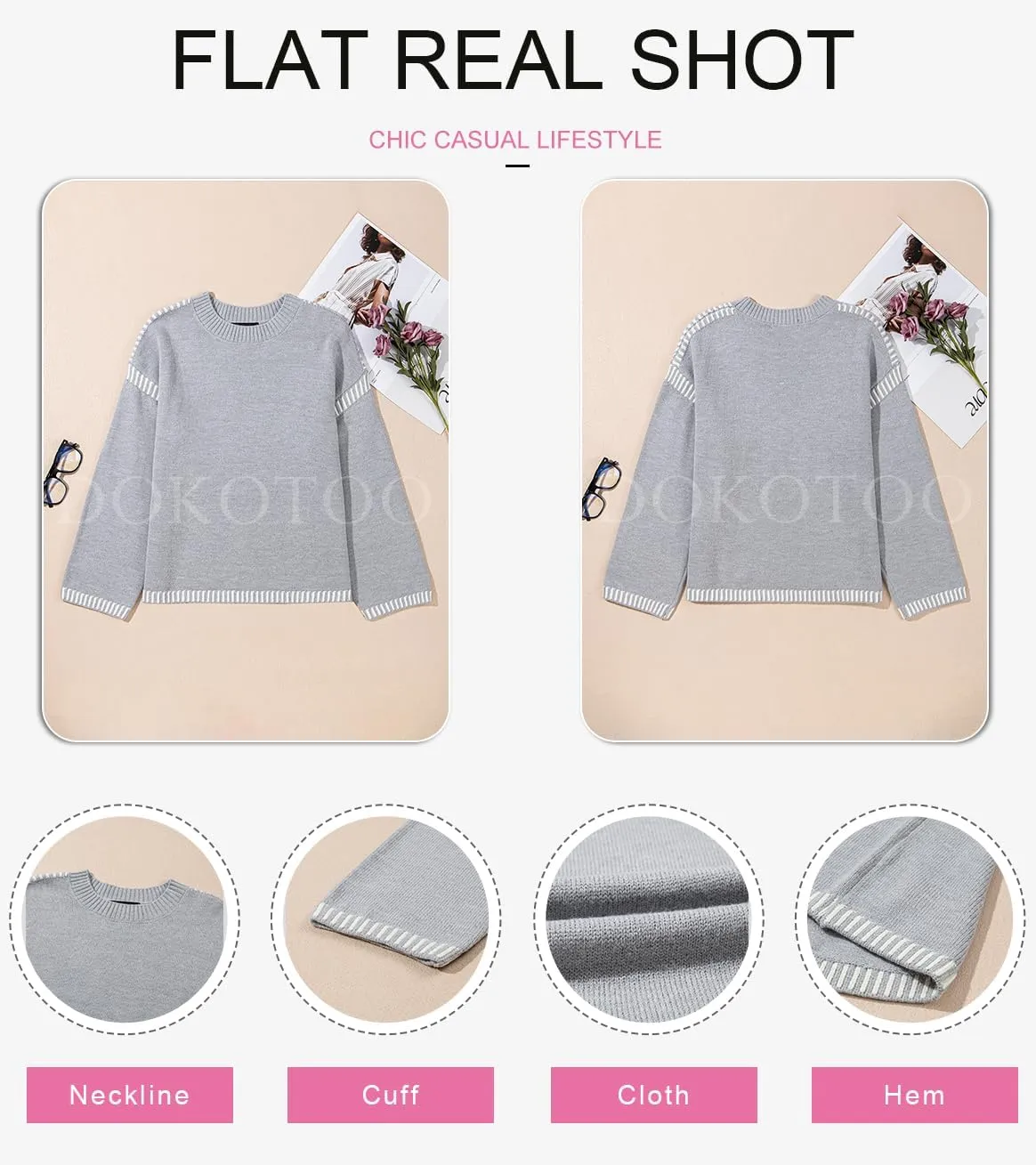 Dokotoo Sweaters for Women Fashion Solid Crewneck Loose Fit Long Sleeve Contrast Cable Knit Pullover Sweater Jumper Tops