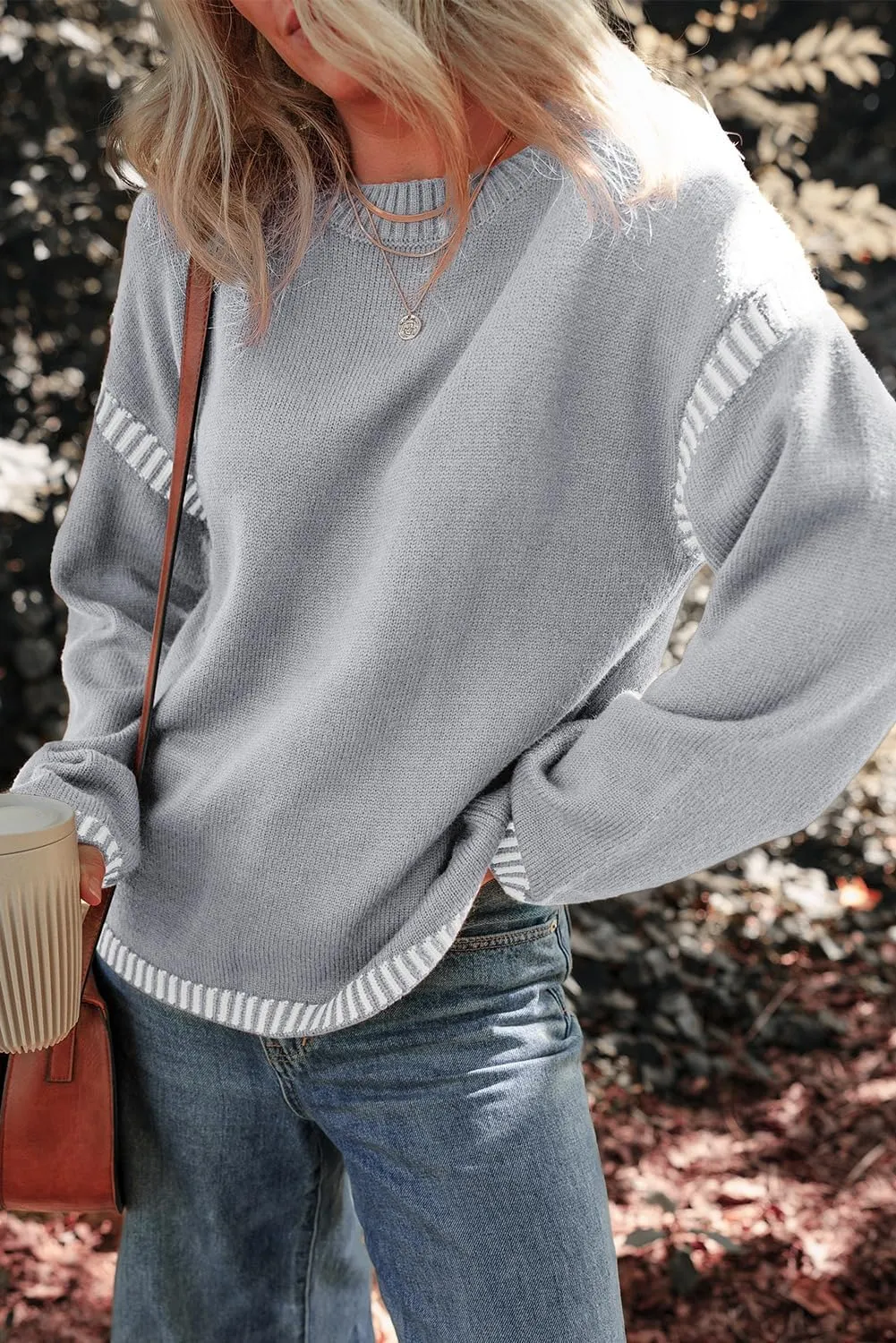 Dokotoo Sweaters for Women Fashion Solid Crewneck Loose Fit Long Sleeve Contrast Cable Knit Pullover Sweater Jumper Tops