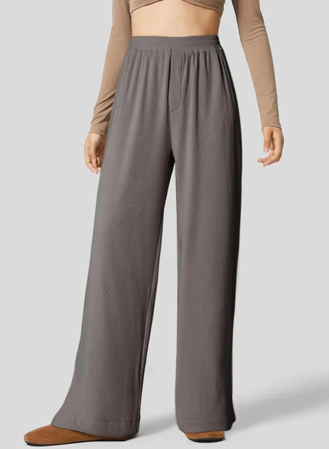 Dokotoo Women's Wide Leg Pants Trendy Casual Pants for Women 2024 Fall Ribbed Knit Waisted Baggy Pants