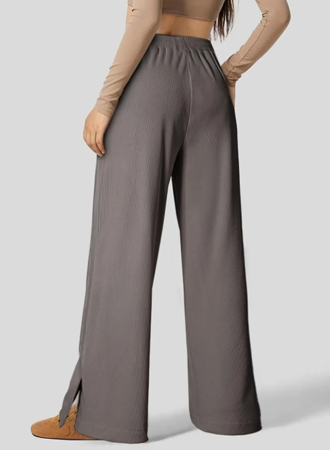 Dokotoo Women's Wide Leg Pants Trendy Casual Pants for Women 2024 Fall Ribbed Knit Waisted Baggy Pants