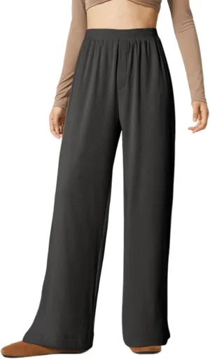Dokotoo Women's Wide Leg Pants Trendy Casual Pants for Women 2024 Fall Ribbed Knit Waisted Baggy Pants