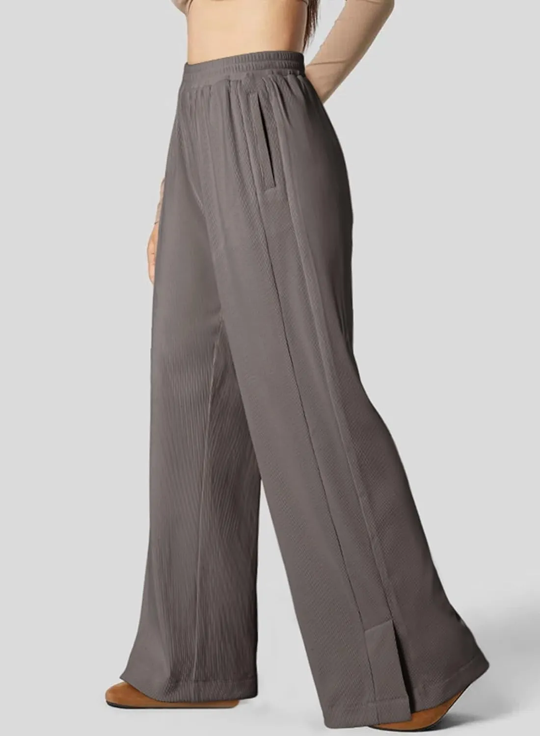 Dokotoo Women's Wide Leg Pants Trendy Casual Pants for Women 2024 Fall Ribbed Knit Waisted Baggy Pants