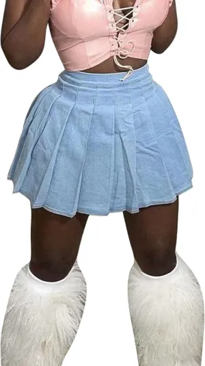 ECDAHICC Women's Denim Skirts High Waisted Jeans Mini Pleated Skirts Club Y2k Skater Short A-line Skirt Streetwear