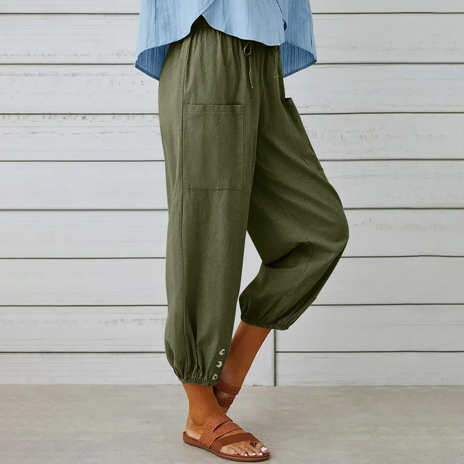 Ecokauer Women's High Waist Drawstring Capri Pants Loose Wide Leg Cropped Lounge Trousers with Pocket