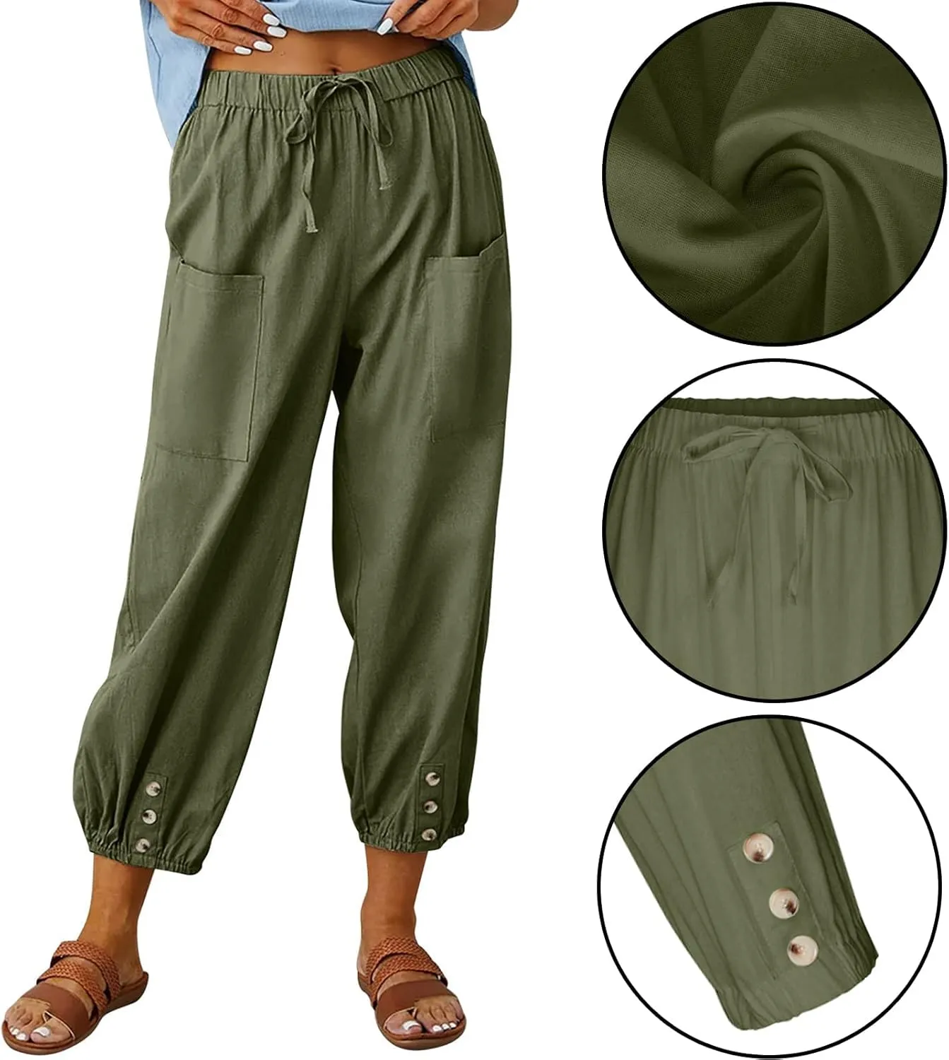 Ecokauer Women's High Waist Drawstring Capri Pants Loose Wide Leg Cropped Lounge Trousers with Pocket