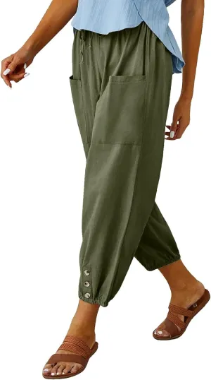 Ecokauer Women's High Waist Drawstring Capri Pants Loose Wide Leg Cropped Lounge Trousers with Pocket
