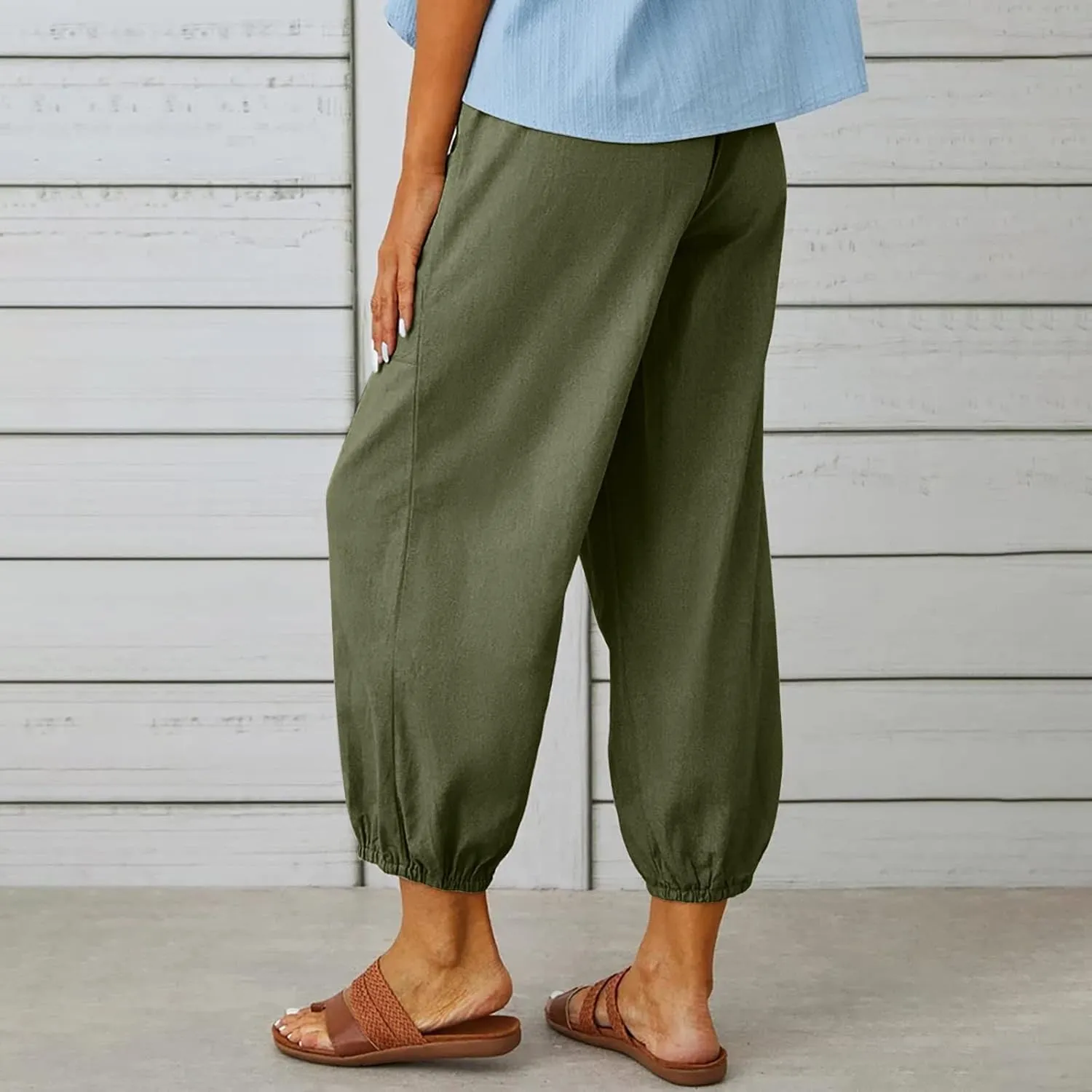 Ecokauer Women's High Waist Drawstring Capri Pants Loose Wide Leg Cropped Lounge Trousers with Pocket