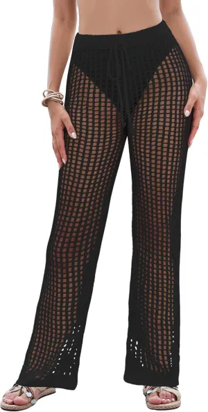Eddoyee Womens Crochet Cover Up Pants Summer Beach Swimsuit Coverup 2025 High Waisted Sexy Mesh Knit Coverup Pants