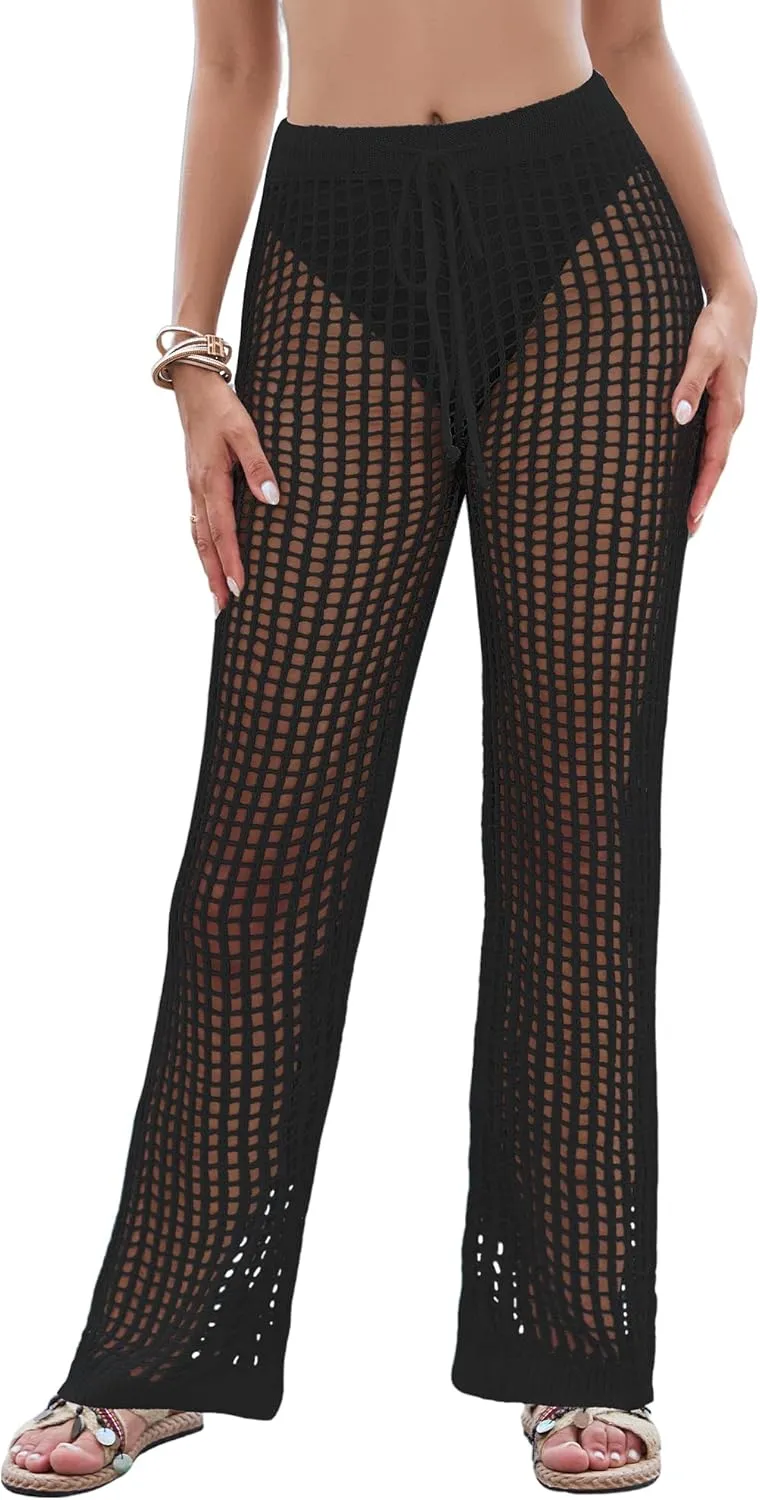 Eddoyee Womens Crochet Cover Up Pants Summer Beach Swimsuit Coverup 2025 High Waisted Sexy Mesh Knit Coverup Pants